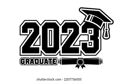 2023 class graduate - mission complete. The concept of decorate congratulation for school graduates. Design for t-shirt, flyer, invitation, greeting card. Illustration, vector