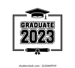 2023 class graduate - mission complete. The concept of decorate congratulation for school graduates. Design for t-shirt, flyer, invitation, greeting card. Illustration, vector