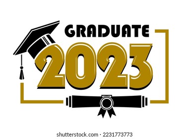 2023 licenciado - misión completa. El concepto de felicitación decorativa para los graduados escolares. Diseño para camiseta, volante, invitación, tarjeta de saludo. Ilustración, vector