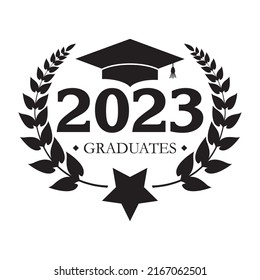 2023 Class of with Graduation Cap and laurel wreath. Cover of card for 2023 graduation. Creative design for your greetings card, Flat simple design on white background, card, invitation, greeting