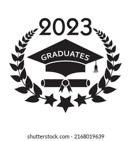2023 Class of with Graduation Cap and laurel wreath. Cover of card for 2023 graduation. Creative design for your greetings card, Flat simple design card, invitation, greeting, album