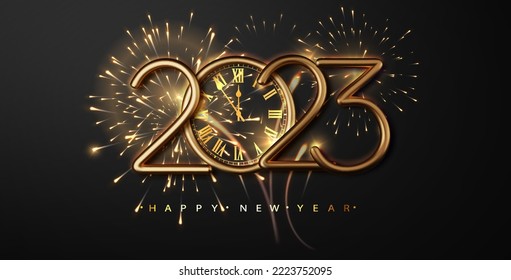 2023 clock and fireworks. Happy new year dark luxury background. Beautiful holiday Web banner