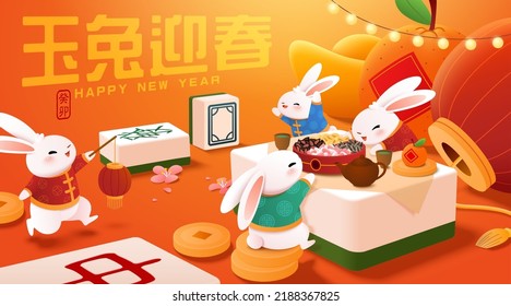 2023 CNY banner. Rabbits together celebrating new year inside with giant new year decoration. Including mahjong tile table, lantern, tangerine and ingot. Translation: Jade rabbit welcome spring