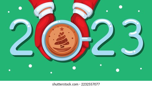 2023 coffee late art christmas tree on santa hand cartoon illustration vector