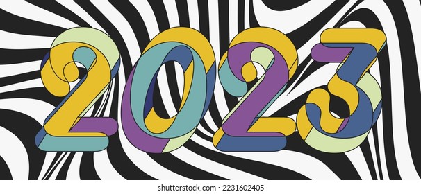 2023 colorful Happy New Year banner. Abstract design typography logo 2023 for vector celebration and season decoration, backgrounds, branding, banner, cover, card and or social media template.