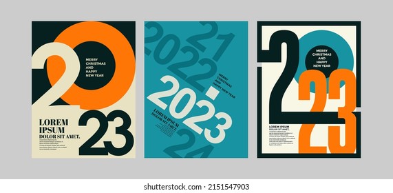 2023 colorful set of Happy New Year posters. Abstract design typography logo 2023 for vector celebration and season decoration, backgrounds, branding, banner, cover, card and or social media template.