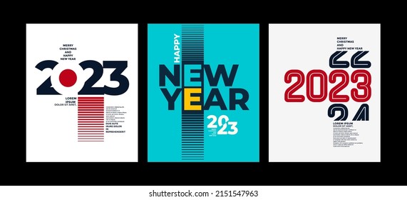 2023 colorful set of Happy New Year posters. Abstract design typography logo 2023 for vector celebration and season decoration, backgrounds, branding, banner, cover, card and or social media template.