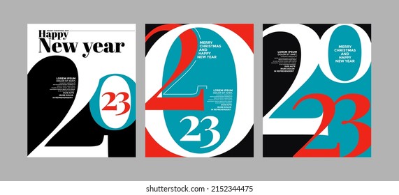 2023 colorful set of Happy New Year posters. Abstract design typography logo 2023 for vector celebration and season decoration, backgrounds, branding, banner, cover, card and or social media template.