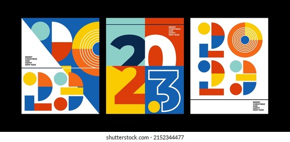 2023 colorful set of Happy New Year posters. Abstract design typography logo 2023 for vector celebration and season decoration, backgrounds, branding, banner, cover, card and or social media template.