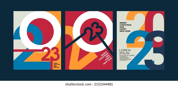 2023 colorful set of Happy New Year posters. Abstract design typography logo 2023 for vector celebration and season decoration, backgrounds, branding, banner, cover, card and or social media template.