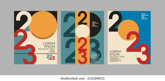 2023 farbenfrohe Set von Happy New Year-Plakaten. Abstraktes Design-Typografie-Logo 2023 für Vektorfeiern und Saisondekoration, Hintergründe, Branding, Banner, Cover, Karte oder Social Media-Vorlage.