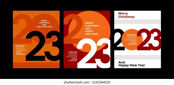 2023 colorful set of Happy New Year posters. Abstract design typography logo 2023 for vector celebration and season decoration, backgrounds, branding, banner, cover, card and or social media template.