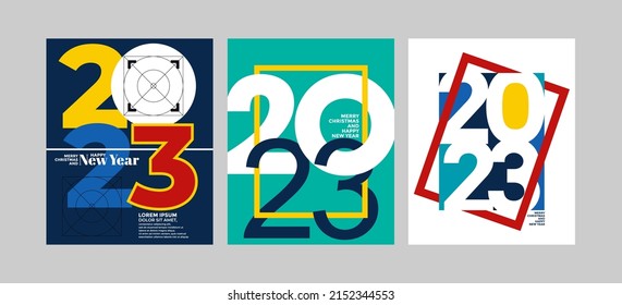 2023 colorful set of Happy New Year posters. Abstract design typography logo 2023 for vector celebration and season decoration, backgrounds, branding, banner, cover, card and or social media template.