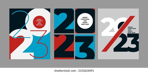 2023 colorful set of Happy New Year posters. Abstract design typography logo 2023 for vector celebration and season decoration, backgrounds, branding, banner, cover, card and or social media template.