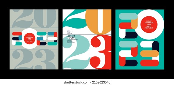 2023 colorful set of Happy New Year posters. Abstract design typography logo 2023 for vector celebration and season decoration, backgrounds, branding, banner, cover, card and or social media template.