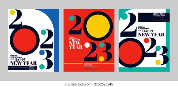 2023 colorful set of Happy New Year posters. Abstract design typography logo 2023 for vector celebration and season decoration, backgrounds, branding, banner, cover, card and or social media template.