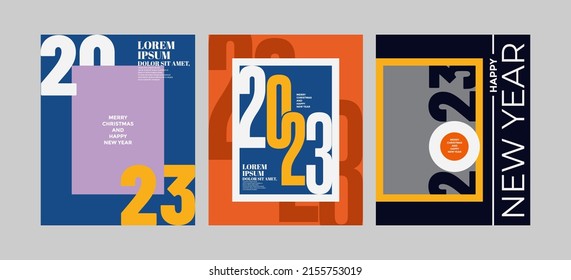 2023 colorful set of Happy New Year posters. Abstract design typography logo 2023 for vector celebration and season decoration, backgrounds, branding, banner, cover, card and or social media template.