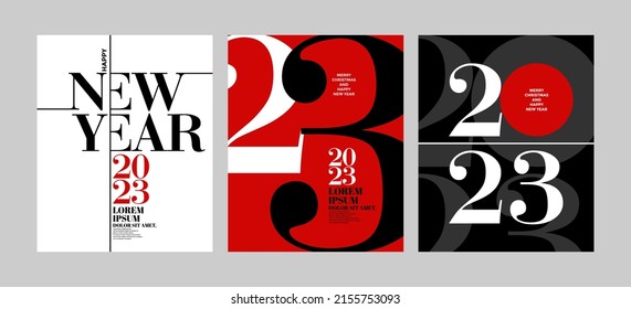 Colorido grupo de afiches de Año Nuevo Feliz 2023. Resumen de diseño tipográfico logo 2023 para celebración vectorial y decoración de temporada, fondos, marca, banner, portada, tarjeta y/o plantilla de medios sociales.