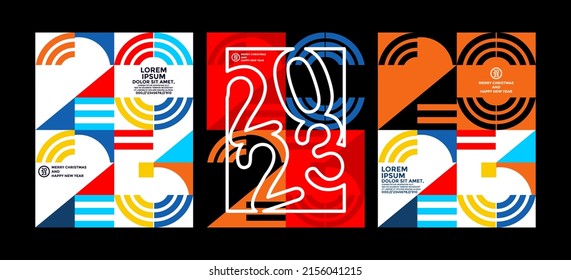 2023 colorful set of Happy New Year posters. Abstract design typography logo 2023 for vector celebration and season decoration, backgrounds, branding, banner, cover, card and or social media template.