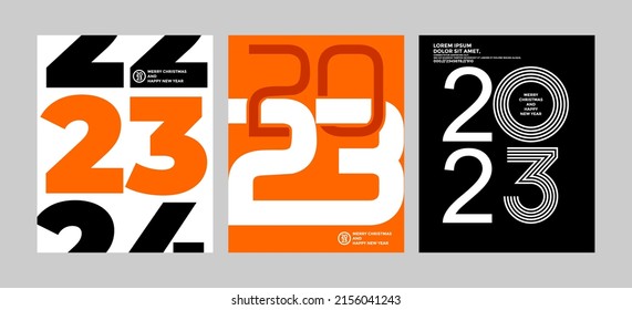 2023 colorful set of Happy New Year posters. Abstract design typography logo 2023 for vector celebration and season decoration, backgrounds, branding, banner, cover, card and or social media template.