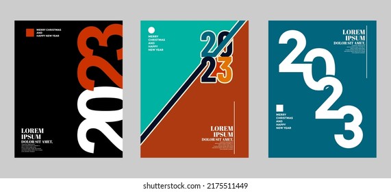 2023 colorful set of Happy New Year posters. Abstract design typography logo 2023 for vector celebration and season decoration, backgrounds, branding, banner, cover, card and or social media template.