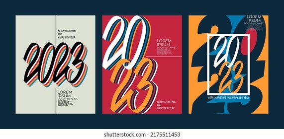 2023 colorful set of Happy New Year posters. Abstract design typography logo 2023 for vector celebration and season decoration, backgrounds, branding, banner, cover, card and or social media template.