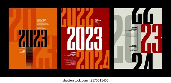 2023 farbenfrohe Set von Happy New Year-Plakaten. Abstraktes Design-Typografie-Logo 2023 für Vektorfeiern und Saisondekoration, Hintergründe, Branding, Banner, Cover, Karte oder Social Media-Vorlage.