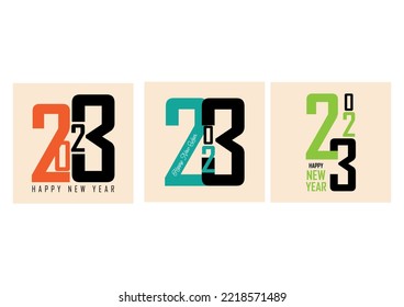 2023 colorful set of Happy New Year posters. typography logo 2023 for vector celebration and season decoration, backgrounds, branding, banner, cover, card and or social media template.
