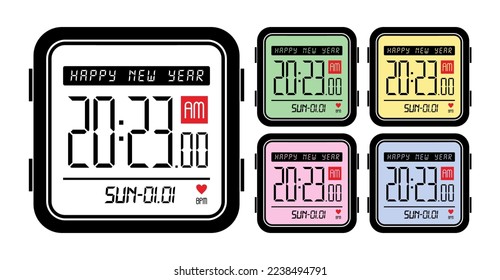 2023 colorful set of Happy New Year watch. Abstract design typography logo 2023 for vector celebration and season decoration,  card and or social media