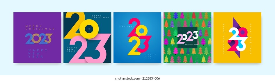 2023 сreative concept of Happy New Year. Set of logo 2023 design templates with typography for celebration and season decoration. Minimal trendy backgrounds for branding, cover, banner, card, poster.