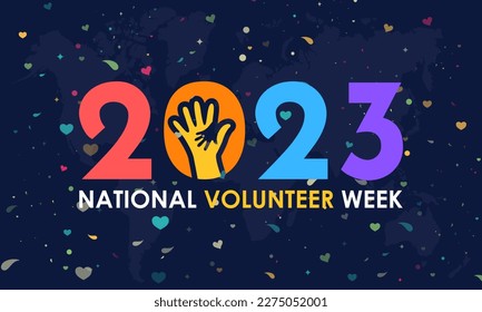 2023 concept National Volunteer week. volunteers communities awareness banner or template with colorful design in blue background with love and dot halftone effect. observed on April