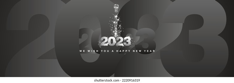 2023 concept We wish you a Happy New Year 2023 sparkler firework shining silver black background greeting card