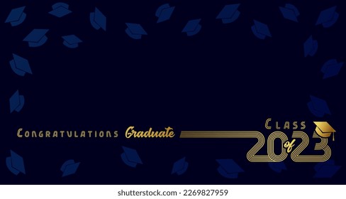 2023 Congratulation Graduate, golden line design on blue background. Class of 2023 graduation poster with gold number in academic hat.  Vector illustration