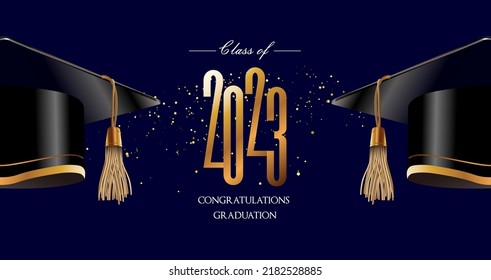 2023 felicitaciones se gradúan el diseño vectorial. Sombrero de mortero 3d con elemento de celebración de puntos dorados para la celebración de los graduados universitarios. Ilustración vectorial.