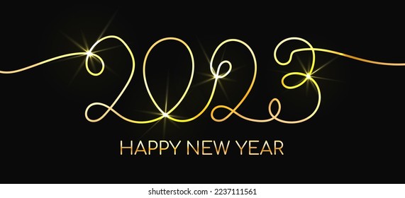 2023 kontinuierliche Grußkarte. Vektor-Neujahrskarte mit kalligrafisch goldener Schrift auf schwarzem Hintergrund