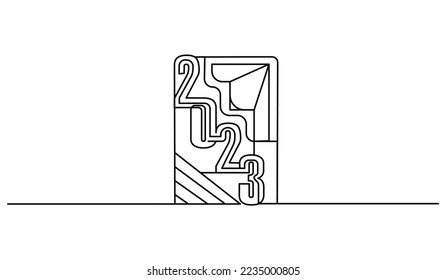 2023 continuous lines with maze design. New year celebration concept design. Decorative elements drawn on a white background.