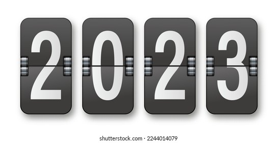 2023 Countdown timer with different numbers isolated on background. Clock counter art design. Graphic mechanical scoreboard panel element.