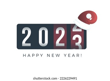 2023 counter numbers countdown with Santa hat. Happy New Year event poster, greeting card cover, 2023 calendar design, invitation to celebrate New Year and Christmas. Vector illustration