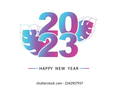 2023 Creative design for new year. Neon colors vector design with palm leaves decorations. Flat Design for 2023 New Year Holiday with Flat Style  Palm Leaves and Dashed Lines Style.