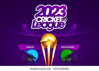 2023 Cricket Championship League India vs Pakistan match header or banner with winning trophy on stadium background.