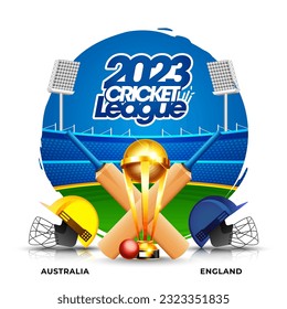 2023 Cricket League Concpet Australien gegen England-Header oder Banner mit Gewinner Trophäe, Ball und Ball auf Stadionhintergrund.