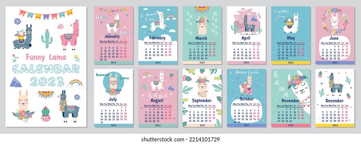 2023 Cute monthly calendar with llama,luggage,cactus,geometrical for children.Can be used for web,banner,poster,label and printable