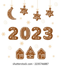 2023 and cute traditional holiday gingerbread cookies. Cartoon hand drawn vector isolated on white background.