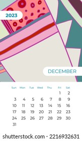 2023 December calendar abstract contemporary art vector. Desk, screen, desktop month 12, 2023, colorful 2023 calendar template, agenda. Psychedelic calendar, day planner starts Sunday. December page