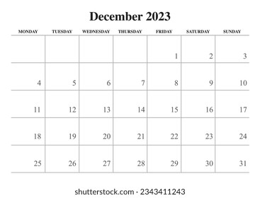 2023 December calendar simple black and white start on monday