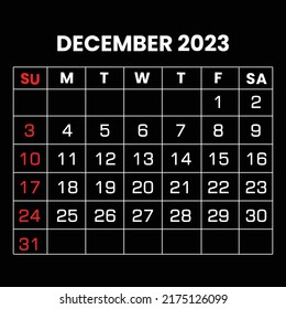 2023 December illustration vector calendar weeks start on Friday black theme | calendar 2023 December| December calendar 2023 | Calendar
