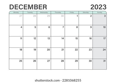 2023 Diciembre calendario de ilustraciones de escritorio vectorial o semanas de planificación empiezan el lunes en verde claro y gris