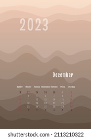 2023 december vertical calendar every month separately. monthly personal planner template. Peak silhouette abstract gradient colorful background, design for print and digital.