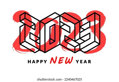 2023 decorative lettering. Straight line and brush text effect happy new year 2023 black and red theme for New Year greeting card, banner, calendar design. Vector illustration