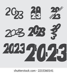 2023 design set. Big Set of 2023 text design pattern. Collection of logo 2023, Happy New Year and happy holidays. Minimalist templates with typography for celebration. Vector illustration.